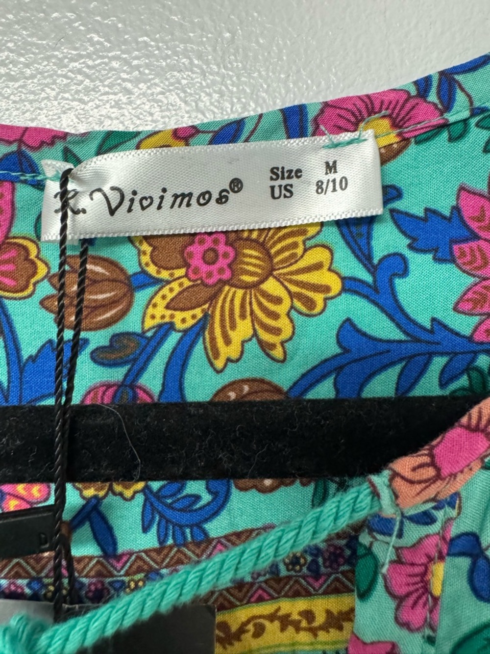 R Vivimos Boho Floral Midi Dress Womens M Teal Tassel Tie V Neck NWT Peasant A4 - Picture 11 of 15